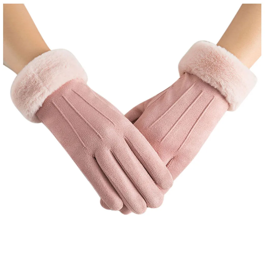 Женские зимние перчатки для улицы, однотонные, с сенсорным экраном, теплые, повседневные, модные, замшевые, женские теплые перчатки розового цвета