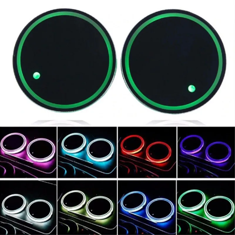 2Pcs USB charging Car Led Cup Holder Water Bottom Mat RGB Light Decor Cover Luminous Trim Lamp Pad Ornament Coaster Accessories