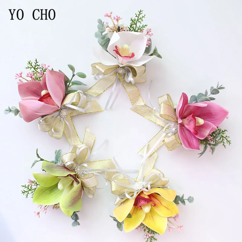 Yo Cho Fiore Artificiale Fiore All'Occhiello Orchid Corsage Polso Braccialetto Della Ragazza Degli Uomini Spilla Spilli Perla Braccialetti Di Nozze Bo