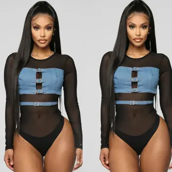 

Sexy Women Long Sleeve Bodysuit Mesh Lace Splice Leotard Bodycon Jumpsuit Ladies Triangle Perspective Sexy Slim Fit Bodysuit Top