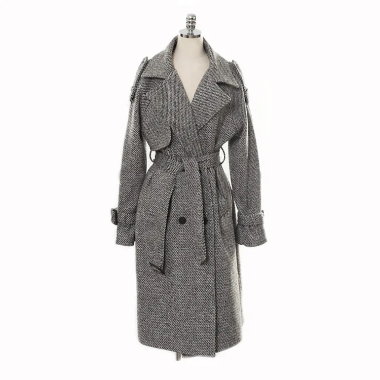 Женское двубортное пальто с поясом, длинное пальто из твидовой ткани в офисном стиле на осень и зиму
