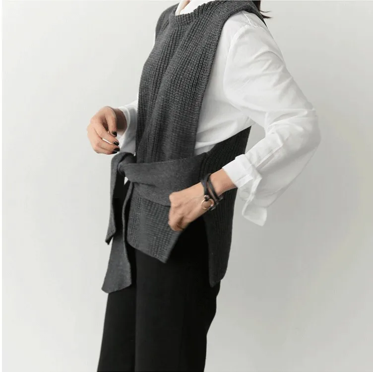 New Arrival Lace Up Sleeveless Pullover Women Knitted Sweater Solid Office Lady Vest Fashion Casual Female Sweaters Vest DS50856
