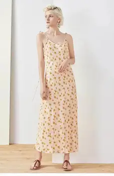 

Summer Women Dress French Retro Holiday Backless Yellow Floral Print Slim Lace Up Sling Dress