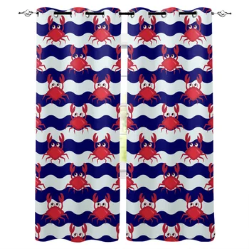 

Navy Sea Wave Crab Window Curtains LivingRoom Kitchen Curtains for Bedroom Left and Right Biparting Open Curtains