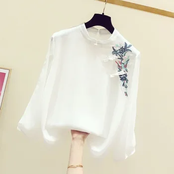

2020 Spring New Chiffon Shirts Embroidered Floral Retro Shirt Women's Loose Blouse Female White Long Sleeve Top Vintage Blouses