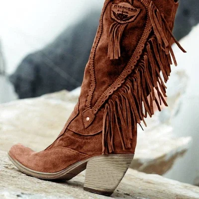 Litthing Boho/Женские Стильные теплые меховые ботинки на среднем каблуке в этническом стиле замшевые ботинки на низком каблуке зимняя вышитый ботинок с длинной бахромой