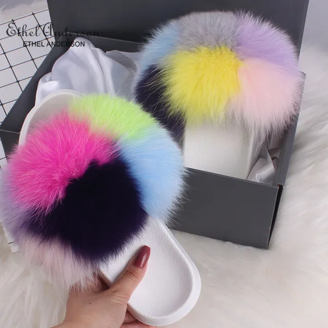 2021 Hot Sale Women Real Fox Fur Slippers Multi-color Summer Fashion Slides Casual Female Furry Shoes As picture