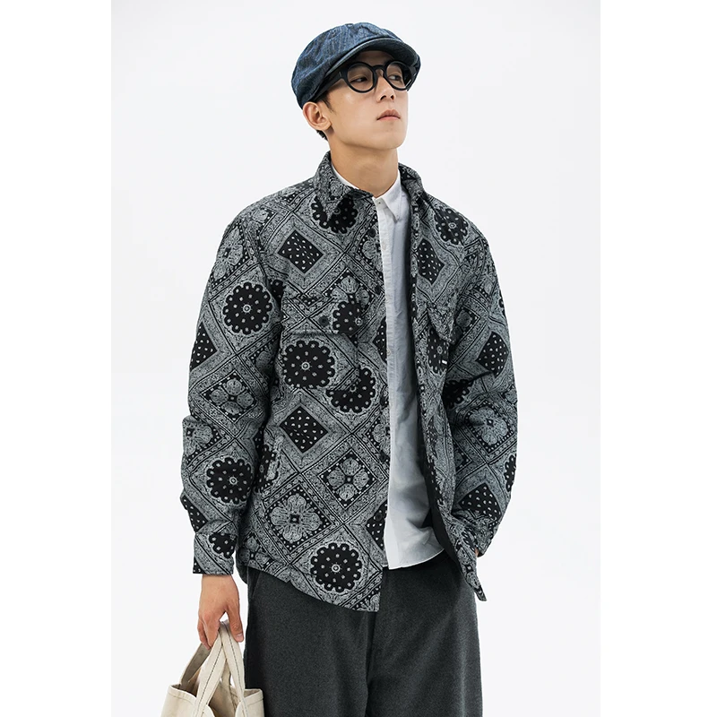 

Men Japan Vintage Loose Casual Print Shirt Style Cotton Padded Coat Overcoat Male Street Harajuku Thick Shirt Outerwear Jacket