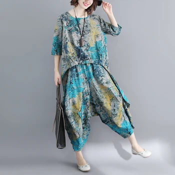 

plus size 2020 summer new two pieces women sets floral printed long t-shirts and wide lege pants top quality
