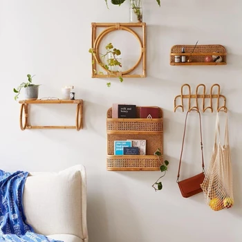 

Rattan Wall Hooks Kids Garments Organizer Rack Clothes Hat Hanging Hook Rattan Wall Storage Bookshelf