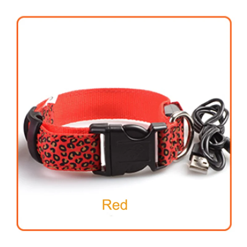 Pet Products Leopard Design Dog Supplies Luminous Anti-Lost Night Safety Flashing Glow Collars Nylon LED Dog Collar - Цвет: Красный