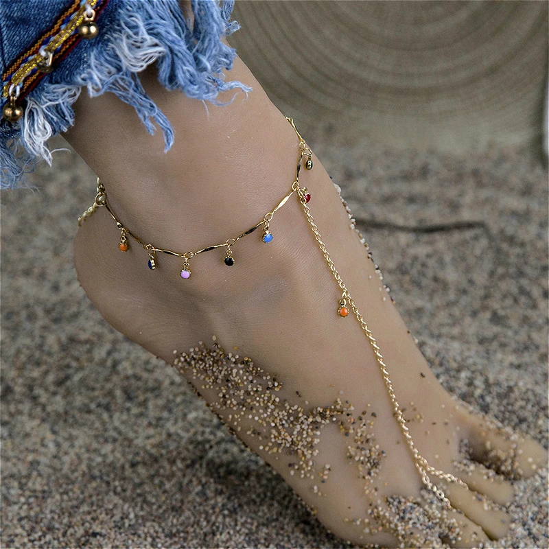 Sandalias para pies Vintage bohemias para mujer, sandalias descalzas de playa, accesorios de pulsera de colgantes de esmalte colorido|Tobilleras| - AliExpress