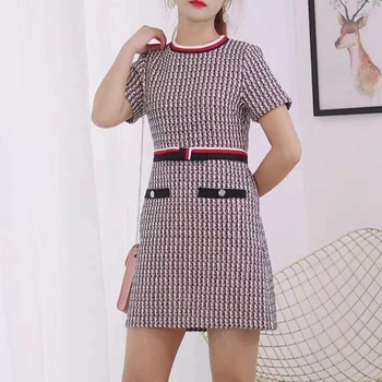 

Women dress hit color check small fragrance wind tweed temperament slim dress 2020 spring summer new