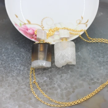 

Raw Quartz Geode Druzy Perfume Bottle Pendant Necklace,Natural Agates Drusy Essential Oil Diffuser Vial Charms Brass Gold Chain