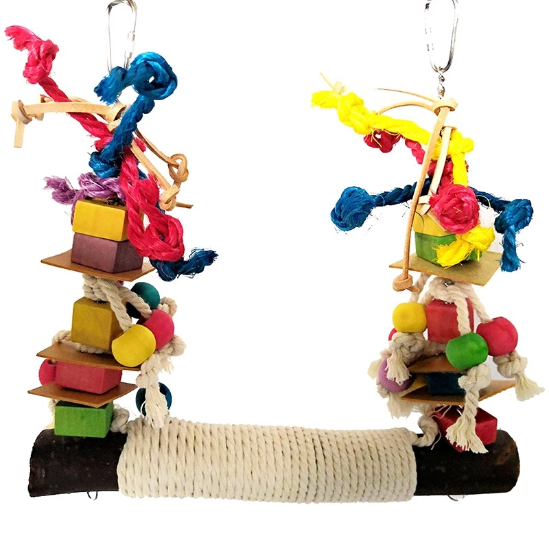

Parrot Toy Chewing Bite Hanging Cage Swing Climb Chew Toys Bird Perch Leather Colorful Building Block Cotton Rope Swing for Pet