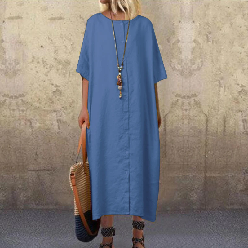 Летнее Длинное Платье-рубашка с рукавом до локтя и пуговицами, ZANZEA, женское элегантное платье для работы, свободное однотонное Хлопковое платье размера плюс - Цвет: Синий