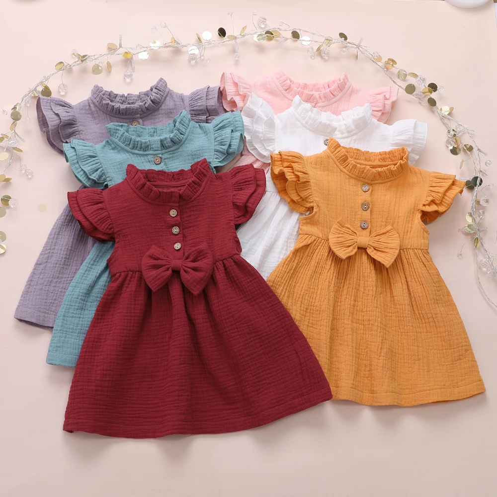 2020 Princess Toddler Kids Baby Girl Dress 1-6Y Solid Linen Button Ruffle Sleeve Turn Down Collar Bow Party A-Line Dress Clothes