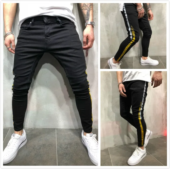 

Men's Jeans Europe Style High Street Trend Fashion Slim Printed Feet Pants Men's Stripes White and Yellow Style Pants