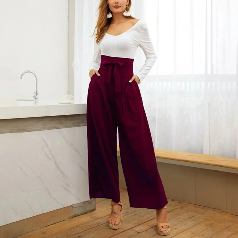 

Women Butterfly Lace-up Wild Wide Leg Pants Spring Autumn Loose Straight Long Pants Solid Side Slit Pockets Casual Trousers D30