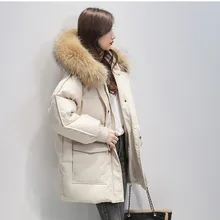 

New Brand Down Jacket 2021 Winter Women's Thick Raccoon Fur Hooded Down Coat Female Brand Drawstring Black Down Jacket