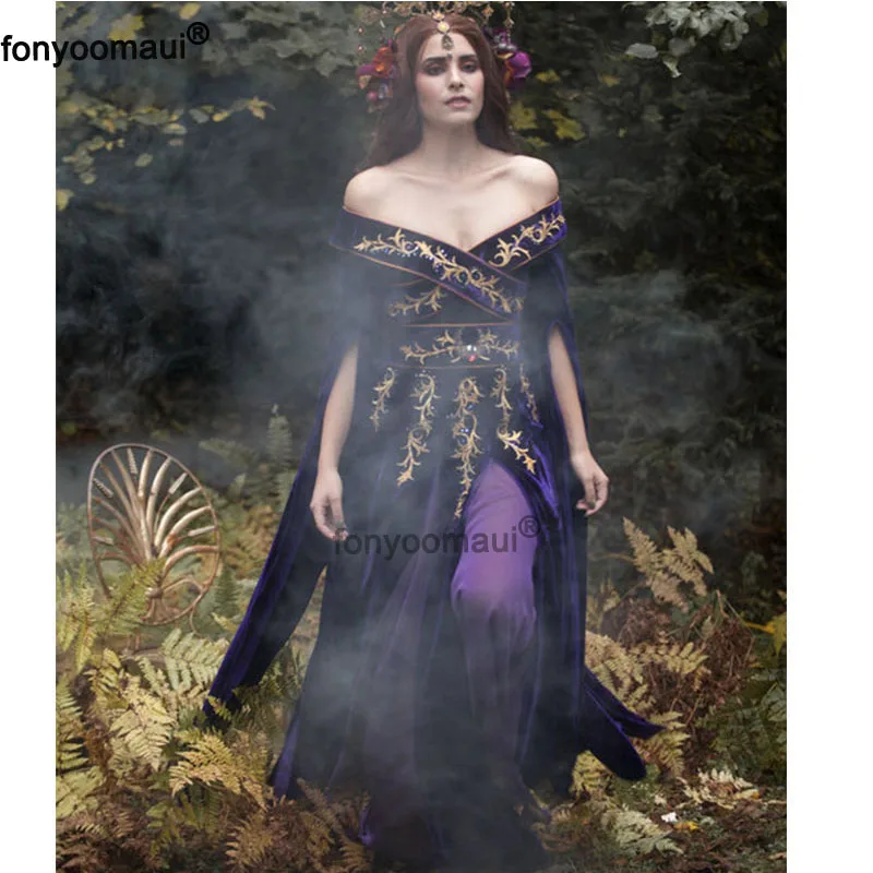 

Halloween Cos Forest Elf Fairy Elven Bridal Costume Adult Women Medieval Vintage Trumpet Sleeve Maxi Gown Floor Dress For Ladies