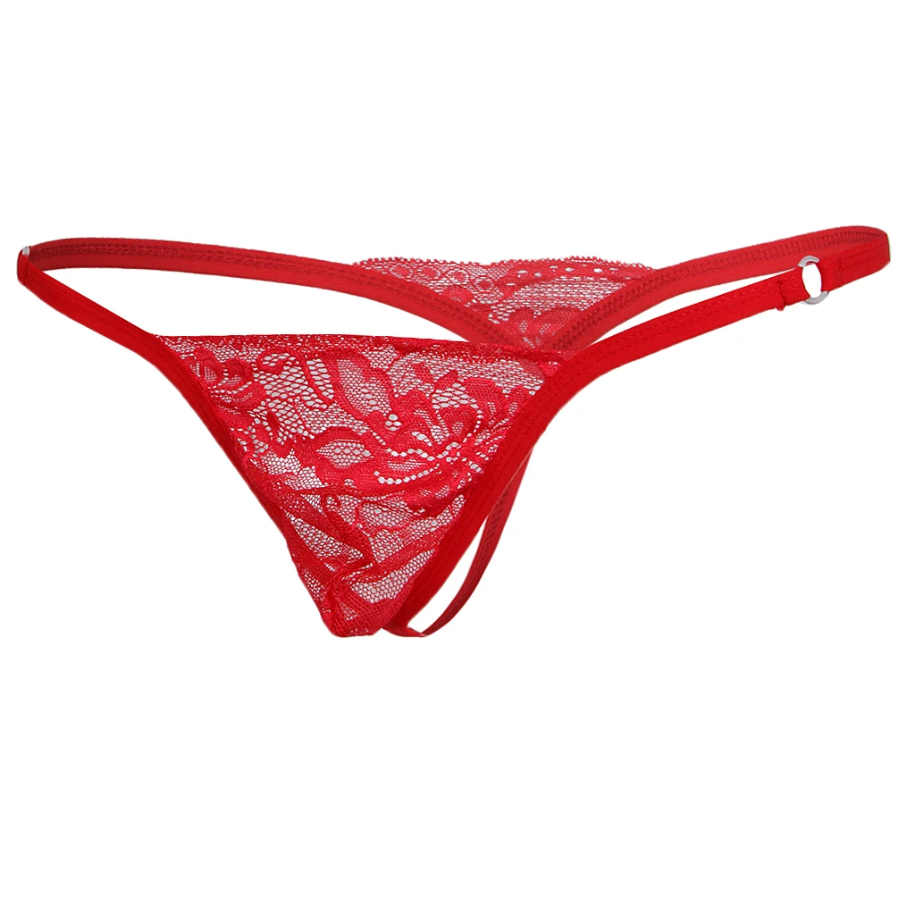 Men's Hot Red Lace Flower T-Back Underwear Low-rise Man Bikini G-String Thong Briefs Gay Apparel