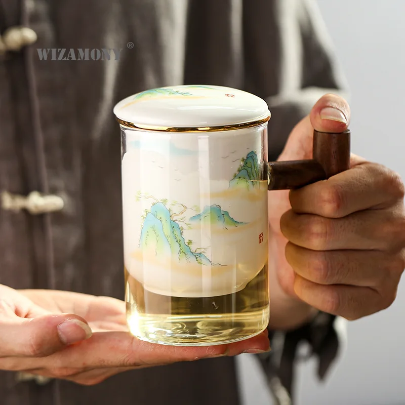

Wooden Handle Glass Tea Separation Cup Ceramic Filter Office Personal Cup with Lid Large Capacity Personal Tea Cup