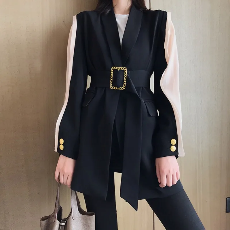 

New Fashion V-Neck Autumn Blazer Coat 2019 Women Hit color long sleeve Pockets casual slim Blazer Women