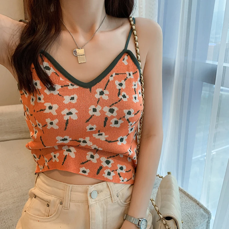 Floral-Print Decorative Camisole Slim-Fit Sweater Thin 2021 Women's Summer Camisole cheap bras