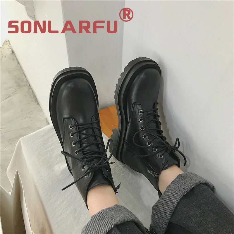 

SONLARFU Martin boots women's fashion ins cool British style 2020 new thick bottom lace up retro round head short boots