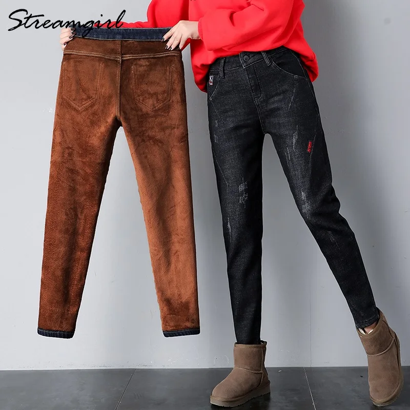 Ceny Streamgirl kobiety ciepłe dżinsy Plus rozmiar Feminino zimowe wysokiej zwężone Boyfriend Jeans polar dla kobiet Jean z polaru spodnie jeansowe