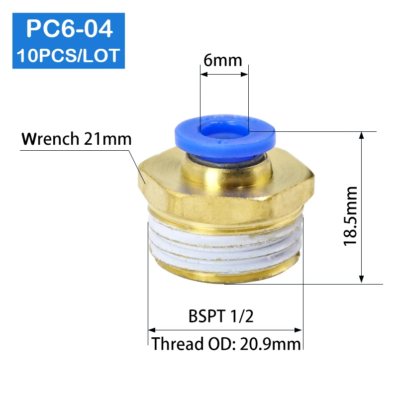 10 шт BSPT PC6-04, 6 мм до 1/2 'пневматические соединители мужские прямые фитинги в одно касание