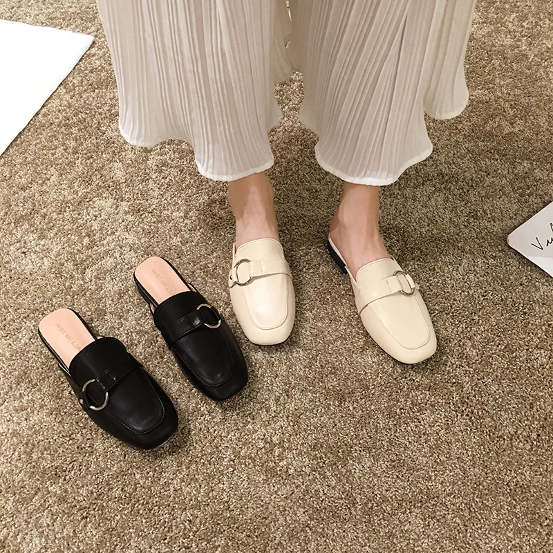 

Shoes Rivet Low Ladies' Slippers Cover Toe Luxury Slides Buckle Strap Square heel Soft Designer Block 2019 Autumn Hoof