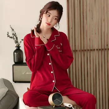 

Pajamas Women Spring and Autumn New Cotton Tight Cardigan Lapel Sexy Simple Leisure Tops Two-Piece Set