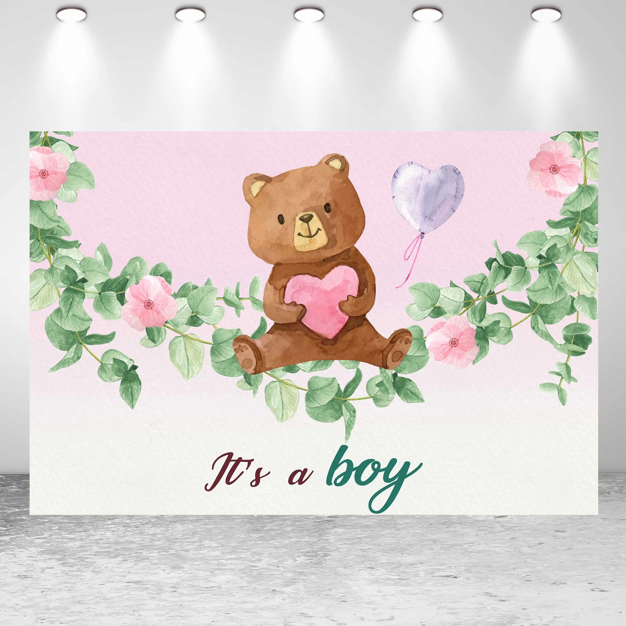 

NeoBack Happy Birthday Baby Shower Bear Watercolor Flowers Balloon Boy DIY Party Banner Photo Backdrop Photography Background