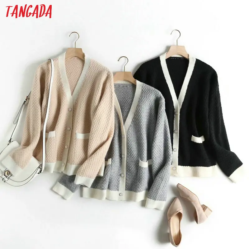 Tangada, женский элегантный кардиган, свитер, длинный рукав, пуговицы, карман, для офиса, леди, вязанные свитера, базовый свитер, BAO4