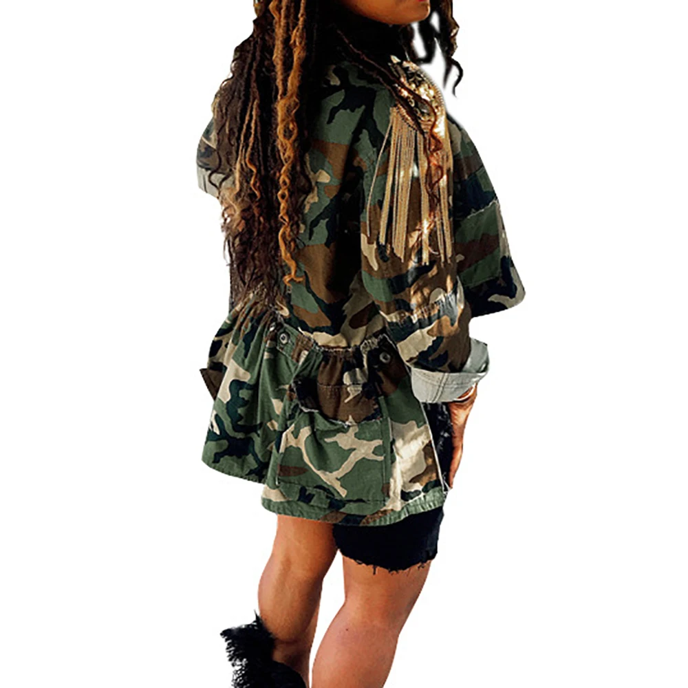 Women Multi-Bags Camouflage Cotton Large Size Casual Personality Jacket Printed Long-sleeve Irregular Coat