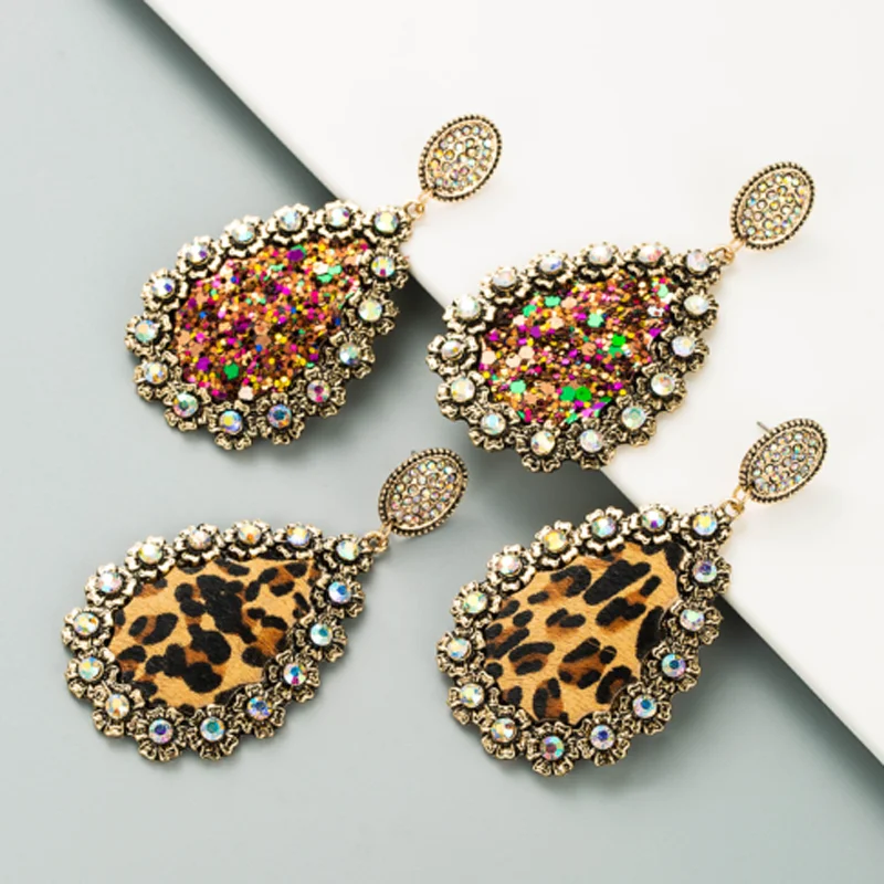 

Sold In Six Pairs---New Arrivals PU Leather Leopard Waterdrop Inlay AB Crystal Stud Earrings For Women Fashion Jewelry