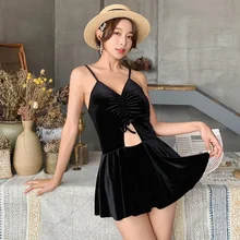 Для женщин спортивные Плавание ming костюм черная юбка Пляжная с низким вырезом на спине Мягкий купальные костюмы Высокое качество пляжная одежда платье трико для девочек