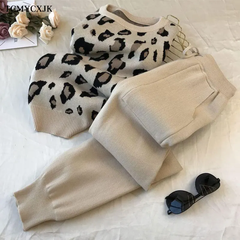 2022 Spring And Autumn New Sports And Leisure Women's Suit Leopard Knit Cardigan Sweater Jacket Two-piece Suits Pants Sportswear matching lounge set