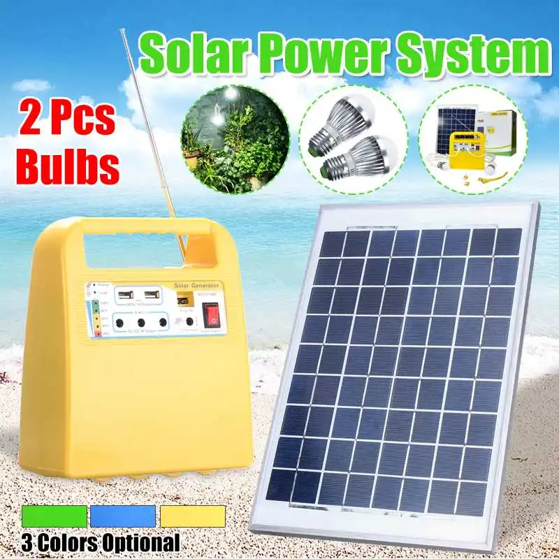 

Solar Power Panel Generator Kit USB Home Charger System + MP3 Radio +2 LED Bulbs Light for Outdoor Emergency Charging Lighting