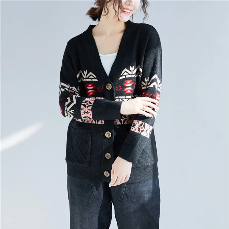 2019 новый модный весенне-осенний женский кардиган свитер с длинным рукавом с v-образным вырезом Повседневный принт трикотажное пальто
