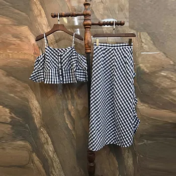 

Plaid women Camis Tops wild split fork casual high waist midi skirt