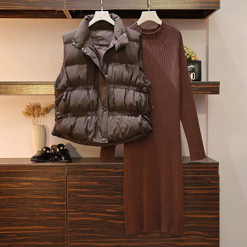 Зима, большой размер 4XL, комплект для женщин, теплый зимний комплект, пальто+ свитер с воротником-хомутом, платье, комплект из двух предметов, размера плюс, пуховая хлопковая куртка, комплект одежды