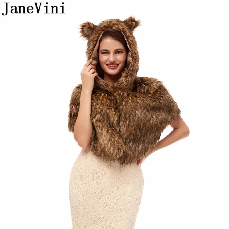 JaneVini Brown Hooded Fur Coat Jacket Women Wedding Cape Faux Fur Stoles Bolero Bride Bridal Shawl Party Wraps Shrugs Winter