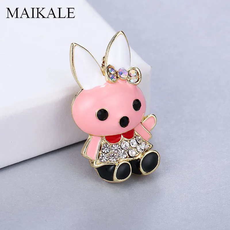 MAIKALE, Милая брошь в виде кролика из мультфильма, стразы, розовая эмалированная брошь в виде зайчика для женщин, Детская сумка для девочек, подвеска, брошь в подарок