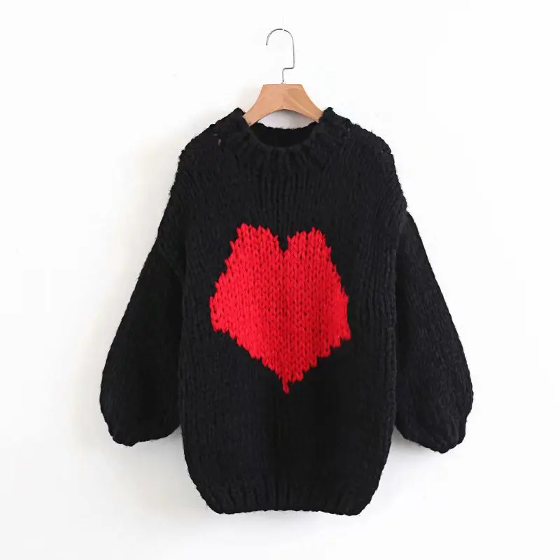Супер шикарный красный джемпер сердце пуловеры с длинным рукавом О-образным вырезом Осень Зима Женский свитер черный овечья шерсть мохер Рождественский свитер - Цвет: Черный