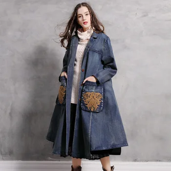 

Women Denim Trench Blazers Women Plus Size Loose European Trench Vintage Embroidery Big Pocket Long Cardigan coat B9287