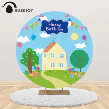 

Allenjoy cartoon pig birthday party round backdrop Baby shower houses child decoration circle banner gift background photobooth