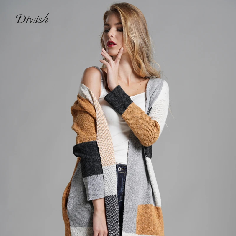 

Diwish Women's Sweaters Plus Size Loose Sweaters Check Knitwear Overcoat Long Sleeve Cardigan Pocket Autumn Ladies Tops 2019